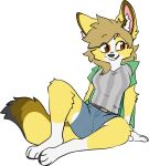  alloplush anthro audri blazer bottomwear brown_eyes canid canine canis clothed clothing domestic_dog female fennec fox fur herding_dog hi_res mammal pastoral_dog shirt shorts solo t-shirt topwear welsh_corgi yellow_body yellow_fur 