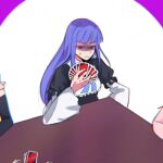  anger_vein card commentary english_commentary featherine_augustus_aurora frederica_bernkastel holding holding_card lambdadelta long_hair out_of_frame playing_card pmagosh purple_eyes purple_hair shaded_face simple_background table umineko_no_naku_koro_ni uno_(game) wide_sleeves 