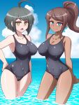  2girls asahina_aoi blue_eyes breasts brown_hair cloud cloudy_sky danganronpa:_trigger_happy_havoc danganronpa_(series) danganronpa_another_episode:_ultra_despair_girls green_eyes large_breasts multiple_girls naegi_komaru ocean open_mouth shiny shiny_hair shiny_skin short_hair sky smile swimsuit zetsumu 