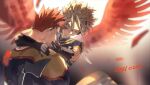  2boys bara blonde_hair blue_bodysuit blue_eyes blurry blurry_background bodysuit boku_no_hero_academia facial_hair feathered_wings feathers hawks_(boku_no_hero_academia) koooogasya male_focus mature_male multiple_boys muscular muscular_male pectorals red_hair red_wings scar scar_across_eye serious short_hair sideburns spiked_hair spread_wings stubble todoroki_enji upper_body wings 