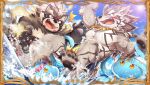  2021 anthro brown_body brown_fur canid canine canis duo fur goemon_(tas) hinami jackal kemono male mammal outside overweight overweight_male raccoon_dog seth_(tas) surprise tanuki tentacles tokyo_afterschool_summoners video_games water wet white_body 