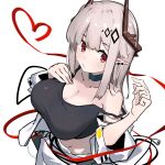  1girl absurdres arknights black_tank_top blush breasts chichi_guai chinese_commentary cleavage closed_mouth coat collarbone commentary cowboy_shot crop_top demon_horns ear_piercing eyebrows_visible_through_hair from_above hand_on_own_chest heart heart_of_string highres horns infection_monitor_(arknights) large_breasts long_hair looking_to_the_side mudrock_(arknights) off_shoulder open_clothes open_coat oripathy_lesion_(arknights) piercing pointy_ears red_eyes red_ribbon ribbon silver_hair simple_background solo strap_slip tank_top white_background white_coat 