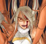  1girl 4o080_yotabnc animal_ears bangs black_background blood blood_on_face boku_no_hero_academia bunny_ears cable commentary_request dark_skin dark_skinned_female gloves hair_between_eyes highres injury licking_lips long_hair looking_at_viewer mirko muscular muscular_female rabbit_girl red_eyes solo tongue tongue_out white_gloves white_hair 