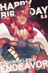  1boy beard blue_eyes boku_no_hero_academia bulge character_name covered_abs english_text facial_hair fire happy_birthday large_pectorals male_focus mature_male muscular muscular_male red_hair scar scar_across_eye short_hair sideburns solo spiked_hair thick_thighs thighs todoroki_enji torio_(torrie_skm) upper_body 