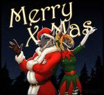  2020 acrador anthro beard canid canine cheerful christmas christmas_card christmas_cheer christmas_clothing clothing costume digital_media_(artwork) duo elf_costume facial_hair female gesture ghorah_(hexo)_khar grumpy hi_res holidays male male/female mammal merry_christmas santa_costume santa_suit snow standing thalis thalislixeon waving 