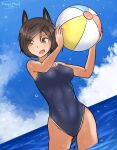  1girl 2020 animal_ears artist_name ball beachball blue_sky bookmarkahead breasts brown_hair cloud covered_nipples dated dog_ears dog_tail dutch_angle hair_over_one_eye highres horizon kuroda_kunika medium_breasts noble_witches ocean open_mouth short_hair sky solo swimsuit tail wading water_drop world_witches_series 