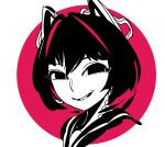  1girl animal_ears black_eyes black_hair cat_ears colored_skin kokubunji_suou kuroi_moyamoya looking_at_viewer mechanical_ears medium_hair mole mole_above_mouth original portrait red_background smile solo white_skin 