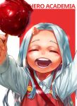  1girl 4o080_yotabnc boku_no_hero_academia candy_apple child closed_eyes commentary_request copyright_name eri_(boku_no_hero_academia) fingernails food highres holding holding_food horns long_hair open_mouth red_background shirt silver_hair single_horn solo two-tone_background white_background 