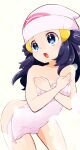  1girl beanie blue_eyes blue_hair breasts chorimokki covering dawn_(pokemon) hair_ornament hairclip hat holding long_hair nude_cover open_mouth pokemon pokemon_(game) pokemon_dppt simple_background solo steam towel 