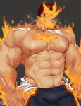  1boy bara beard blue_bodysuit blue_eyes bodysuit boku_no_hero_academia bulge chest_hair cowboy_shot erection erection_under_clothes facial_hair fire gomtang large_pectorals looking_to_the_side male_focus mature_male muscular muscular_male open_bodysuit red_hair scar scar_across_eye shirtless short_hair sideburns solo spiked_hair sweat thick_thighs thighs todoroki_enji veins 
