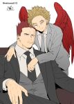  2boys black_suit blonde_hair blue_eyes boku_no_hero_academia couple facial_hair feathered_wings formal grey_suit hawks_(boku_no_hero_academia) head_to_head highres male_focus mature_male multiple_boys necktie neko_nomimi_(nekoooo512) red_hair red_wings scar scar_across_eye short_hair sideburns smile spiked_hair stubble todoroki_enji upper_body vest wings yaoi 