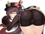  1girl all_fours ass ass_focus bent_over black_shorts blush brown_hair cameltoe flower from_behind genshin_impact half-closed_eyes hat highres hu_tao kimofest long_sleeves looking_at_viewer multicolored_hair naughty_face on_bed red_eyes red_hair short_shorts shorts simple_background smile smug solo sweat symbol-shaped_pupils thick_thighs thighs twintails two-tone_hair white_background wide_sleeves 