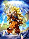  1boy arm_up belt blonde_hair blue_belt blue_eyes blue_footwear blue_shirt blue_wristband building chibi clenched_hands cloud cloudy_sky commentary debris derivative_work dougi dragon dragon_ball dragon_ball_z dragon_ball_z_dokkan_battle english_commentary glowing grin highres light light_particles long_hair looking_up male_focus muscular muscular_male no_eyebrows orange_pants orange_shirt raised_fist redrawn renaluna shenlong_(dragon_ball) shiny shirt signature sky smile solo son_goku spiked_hair standing super_saiyan super_saiyan_3 torn_clothes wristband 