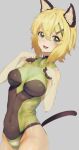  1girl akatsuki_kirika animal_ears blonde_hair blush breasts cat_ears cat_tail covered_navel elbow_gloves fang gloves green_eyes green_leotard hair_ornament highres leotard looking_at_viewer medium_breasts namime open_mouth paw_pose senki_zesshou_symphogear shiny shiny_clothes short_hair skin_tight solo standing tail x_hair_ornament 