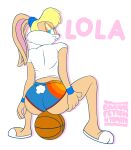  absurd_res anthro baconfetish&#039;ntomato basketball biped blonde_hair blue_eyes bottomwear butt clothed clothing digital_media_(artwork) female fur hair hand_on_leg hand_on_thigh hi_res hotpants lagomorph leporid lola_bunny looking_at_viewer looney_tunes mammal rabbit scut_tail shirt shorts simple_background sitting smile solo space_jam text topwear warner_brothers wristband 