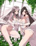  2girls absurdres alternate_costume ass breasts bridal_veil cleavage collarbone counter_side deliciousmeatart dress eyepatch flower green_eyes heart heart_hands heart_hands_duo highres large_breasts lee_sooyeon long_hair multiple_girls plant red_eyes replacer_queen see-through thighhighs veil wedding_dress 