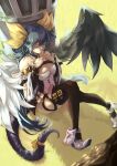  1girl angel_wings asymmetrical_wings bangs bare_shoulders belt_buckle black_legwear blue_hair breasts buckle cleavage closed_eyes column dizzy_(guilty_gear) feathered_wings grass guilty_gear guilty_gear_xrd hair_between_eyes hair_ornament hair_rings hands_on_own_chest hands_together highres large_breasts long_hair midriff navel online_neet pillar resting ribbon sitting smile solo tail tail_ornament tail_ribbon thigh_strap thighhighs thighs twintails wide_sleeves wings yellow_ribbon 
