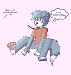  after_transformation bluizer canid canine canis collar domestic_dog english_text foot_focus hi_res leash male mammal no_pants ollie_(bluizer) pantsless pawpads pink_eyes sitting solo speech_bubble text text_on_collar transformation 