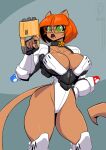  anthro armor big_breasts breasts choker conditional_dnp domestic_cat eyewear felid feline felis female glasses gun hand_on_hip jewelry jollyjack looking_at_viewer mammal necklace police ranged_weapon solo star thick_thighs weapon wide_hips 