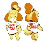  2018 accessory animal_crossing anthro barefoot biped blonde_hair blush blush_stickers bottomless bottomwear canid canine canis clothed clothing domestic_dog english_text eyes_closed feet female floppy_ears full-length_portrait fur hair hair_accessory hands_on_hips hi_res isabelle_(animal_crossing) looking_back mammal mangneto multiple_images nintendo portrait proud rear_view shih_tzu shirt short_hair simple_background skirt slur smile solo standing text topknot topwear toy_dog video_games white_background white_body white_fur yellow_body yellow_fur 