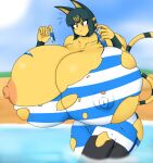  animal_crossing ankha_(animal_crossing) anthro big_breasts blue_body blue_fur blue_hair breasts clothing domestic_cat felid feline felis female fur hair hime_cut huge_breasts humanoid hyper hyper_breasts mammal muscular muscular_anthro muscular_female necrobern nintendo nipples orange_nipples solo swimwear video_games yellow_body yellow_breasts yellow_fur 