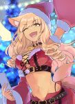  1girl animal_ear_fluff animal_ears arm_up armpits bangs bare_shoulders bell blonde_hair breasts cellphone choker christmas_tree cleavage coffeekite collarbone dark_skin dark_skinned_female detached_sleeves energy_wings fate/grand_order fate/grand_order_arcade fate_(series) fox_ears fox_girl fox_tail fur_trim gyaru hat highres large_breasts long_hair looking_at_viewer neck_bell one_eye_closed open_mouth phone santa_costume santa_hat smile suzuka_gozen_(fate) suzuka_gozen_(santa)_(fate) tail tan wide_sleeves wings 