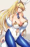  1girl artoria_pendragon_(all) artoria_pendragon_(swimsuit_ruler)_(fate) bare_shoulders blonde_hair braid breasts cleavage collarbone fate/grand_order fate_(series) gomi_(hakumaiteacher) green_eyes highres huge_breasts long_hair playboy_bunny ponytail sidelocks solo very_long_hair 