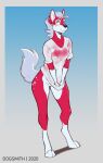  anthro breasts canid canine clothed clothing ear_piercing female fluffy fluffy_tail fur genitals green_eyes grey_body grey_fur grey_hair hair hi_res mammal multicolored_body multicolored_fur nipple_outline open_mouth open_smile partially_clothed piercing pussy red_body red_fur simple_background smile solo the_dogsmith two_tone_body two_tone_fur white_body white_fur 