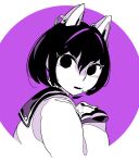  1girl animal_ears black_eyes black_hair cat_ears colored_skin fang from_side hair_between_eyes hand_up kokubunji_suou kuroi_moyamoya long_sleeves looking_at_viewer looking_to_the_side mechanical_ears medium_hair mole mole_above_mouth original purple_theme sailor_collar school_uniform serafuku skin_fang sleeves_past_fingers sleeves_past_wrists solo upper_body white_skin 