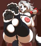  anthro big_breasts breasts butt camel_toe canid canid_demon collar demon female foot_fetish foot_focus hellhound helluva_boss hi_res loona_(vivzmind) mammal pawpads phone solo spiked_collar spikes zp92 