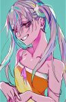  1girl bare_shoulders breasts cleavage collarbone dress eyebrows_visible_through_hair hair_between_eyes hair_ornament hair_ribbon looking_away monogatari_(series) oikura_sodachi owarimonogatari ribbon silver_eyes silver_hair smile solo strap_slip tbrsnsk twintails upper_body 