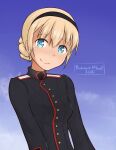  1girl 2020 artist_name black_hair blonde_hair blue_sky bookmarkahead braid cloud dated french_braid hair_between_eyes hairband highres looking_at_viewer military military_uniform noble_witches rosalie_de_hemricourt_de_grunne short_hair sky smile uniform upper_body world_witches_series 