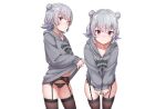  blush cameltoe cevio garter_belt gray_hair hoodie koharu_rikka konnyaku_(kk-monmon) panties purple_eyes short_hair skirt_lift stockings synthesizer_v underwear white zettai_ryouiki 