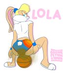  absurd_res anthro baconfetish&#039;ntomato basketball biped blonde_hair blue_eyes bottomwear butt clothed clothing digital_media_(artwork) feces female fur hair hand_on_leg hand_on_thigh hi_res hotpants lagomorph leporid lola_bunny looking_at_viewer looney_tunes mammal pooping rabbit scat scut_tail shirt shorts simple_background sitting smile soiling solo space_jam text topwear warner_brothers wristband 