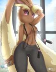  2021 anthro blush bodily_fluids breasts clothed clothing female looking_at_viewer lopunny nintendo pok&eacute;mon pok&eacute;mon_(species) rilex_lenov solo sweat topless video_games water_bottle 