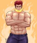  1boy arm_hair bara beard blue_eyes boku_no_hero_academia bulge chest_hair cowboy_shot crossed_arms denim facial_hair fire highres jeans large_pectorals male_focus mature_male muscular muscular_male navel_hair pants red_hair rekkinj scar scar_across_eye shirtless short_hair sideburns solo spiked_hair thick_thighs thighs todoroki_enji 