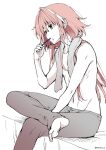 1boy androgynous asazuki_norito astolfo_(fate) barefoot brushing_teeth commentary_request crossed_legs fate/grand_order fate_(series) feet long_hair male_focus navel pants pink_hair shirtless solo spot_color towel towel_around_neck twitter_username 
