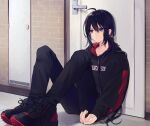  1boy absurdres ahoge asuma_(hanezu) black_hair black_pants brick_wall door highres hood hoodie huge_filesize long_hair male_focus namazuo_toushirou pants ponytail purple_eyes shoes sitting sneakers touken_ranbu 