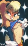  anthro blue_eyes bodily_fluids clothed clothing clothing_lift female hi_res lagomorph leporid lola_bunny looney_tunes mammal navel navel_piercing nipple_piercing nipples piercing rabbit shirt shirt_lift solo space_jam sweat tongue tongue_out topwear warner_brothers wildblur 