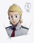  1boy blonde_hair blue_eyes boku_no_hero_academia cropped_shoulders face highres looking_at_viewer mahoubin_(totemo_hot_dayo) male_focus necktie shirt short_hair sideburns smile solo spiked_hair togata_mirio white_shirt 
