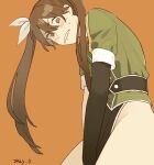  1girl bangs black_gloves blush brown_eyes brown_hair clenched_teeth cover cover_page covering covering_crotch elbow_gloves gloves hair_between_eyes hair_ribbon kantai_collection long_hair no_panties orange_background pelvic_curtain remodel_(kantai_collection) ribbon short_sleeves simple_background single_elbow_glove single_glove solo sukekiyo_(skky_0) sweat teeth tone_(kancolle) twintails twitter_username 