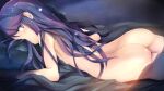  1girl ass back blush from_behind gc3 highres long_hair looking_at_viewer looking_back lying on_stomach purple_eyes purple_hair shima_rin shiny shiny_hair shiny_skin solo yurucamp 