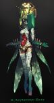  1girl barefoot colored_skin detached_legs floating gradient gradient_background green_eyes green_skin grey_hair hair_between_eyes highres horns long_hair looking_at_viewer monster original outstretched_arms pigeon666 seven_deadly_sins smile solo spread_arms wings 
