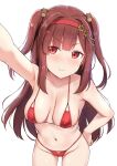  1girl arm_up armpits bikini breasts brown_hair cai_geng cleft_of_venus closed_mouth cowboy_shot eyebrows_visible_through_hair hair_ornament hairband hand_on_hip highres long_hair medium_breasts navel red_bikini red_eyes shiny shiny_skin sidelocks simple_background smile solo string_bikini swimsuit two_side_up v-shaped_eyebrows white_background you_can_eat_the_girl 