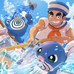  &gt;_&lt; 1boy black_hair bucket clenched_teeth cloud commentary_request day from_below gen_1_pokemon hat holding male_focus orange_neckwear outdoors pants pokemon pokemon_(game) pokemon_lgpe poliwag poliwhirl sailor_(pokemon) shirt short_hair short_sleeves sky spilling standing teeth tom_(pixiv10026189) water white_pants white_shirt 