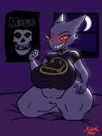  belly big_breasts breasts clothing collar curvy_figure eyelashes female gengar genitals glowing glowing_eyes hi_res huge_breasts humanoid nintendo pok&eacute;mon pok&eacute;mon_(species) red_eyes retr0foxx smile solo thick_thighs video_games 