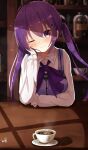  1girl ;) ahoge blurry blurry_background blush cafe closed_mouth collared_shirt cup floating_hair gochuumon_wa_usagi_desu_ka? hair_ornament hairclip head_rest head_tilt highres indoors long_hair long_sleeves looking_at_viewer naonao_(sherry) one_eye_closed purple_eyes purple_hair purple_neckwear purple_vest rabbit_house_uniform shiny shiny_hair shirt signature sitting smile solo teacup tedeza_rize twintails upper_body vest white_shirt wing_collar 