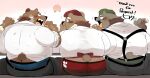  2021 anthro brown_body brown_fur butt clothing fur group hat headgear headwear hi_res hyaku_(artist) kemono male mammal overweight overweight_male shirt sitting topwear underwear ursid 