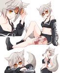  1girl animal_ears asazuki_norito breasts cleavage commentary_request cropped_jacket fox_ears fox_tail grey_hair hands_in_pockets medium_breasts midriff mouth_hold navel off_shoulder orange_eyes original shoes short_hair short_shorts shorts smile sneakers solo sunglasses tail tattoo 