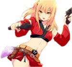  1girl bangs belt belt_buckle blonde_hair blurry blurry_foreground brown_belt brown_eyes buckle closed_mouth cowboy_shot crop_top detached_sleeves dual_wielding gintama gun hair_between_eyes handgun holding holding_gun holding_weapon kijima_matako long_hair long_sleeves looking_at_viewer microskirt midriff navel nuka red_lips red_skirt red_sleeves shiny shiny_hair side_ponytail skirt smile solo stomach weapon white_background 